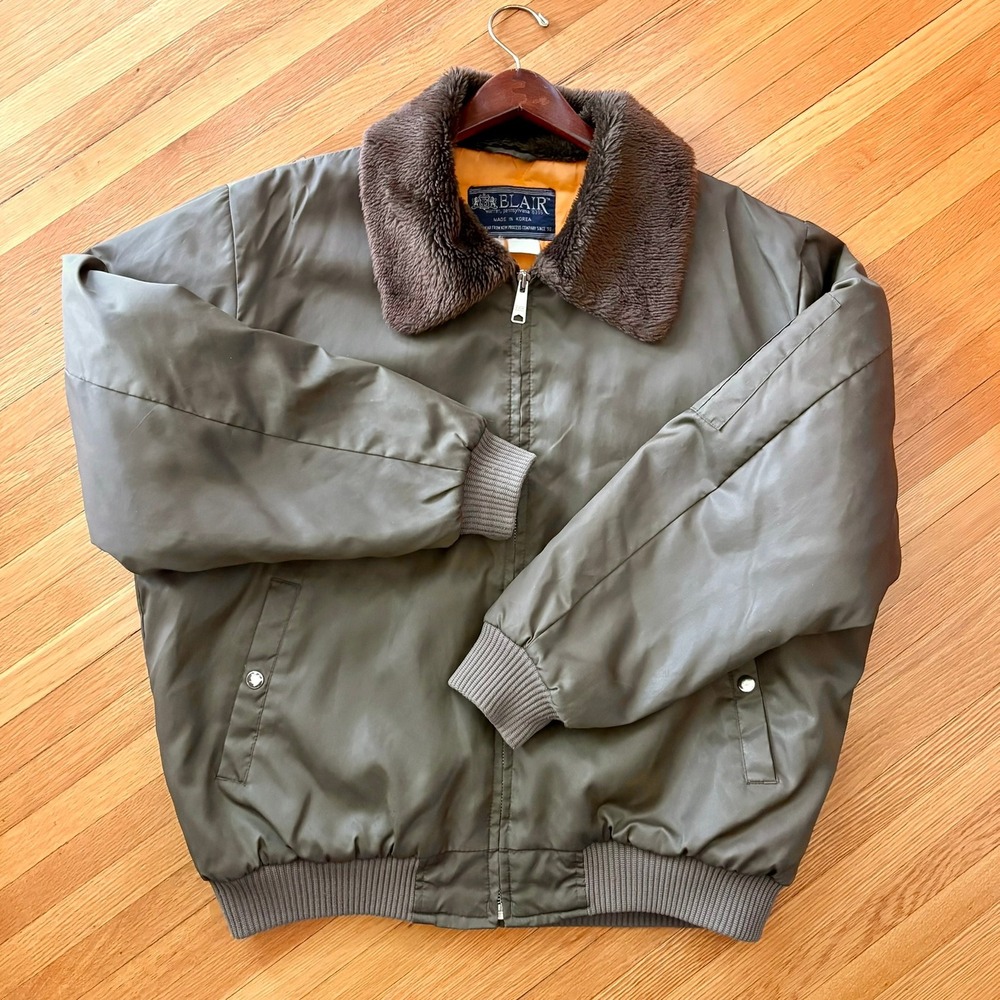 Vintage John Blair Bomber Flight Jacket Men's XL Olive Green Faux Fur Collar